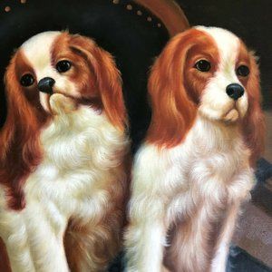 Original Art Painting Oil on Canvas by C. Jean 2 King Charles Spaniels